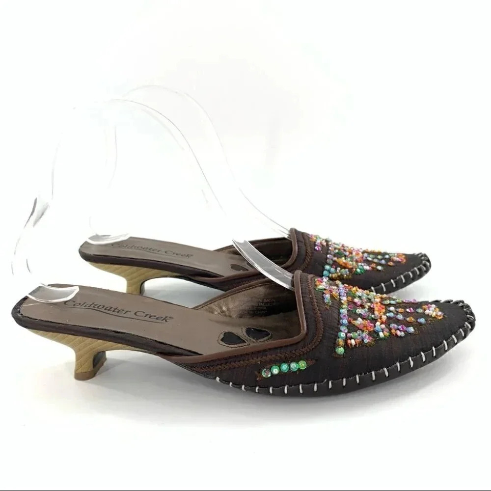 Coldwater Creek size 7.5 mules chocolate brown Thai satin beaded Bollywood - Picture 3 of 12